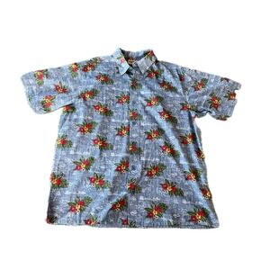 Mens Hawaiian Blue Tropical Floral Button Down Shirt Short Sleeve Large